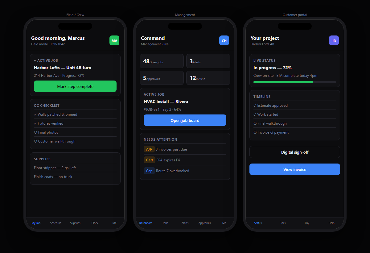 Arkon mobile app screens for field crew, management Command, and customer portal